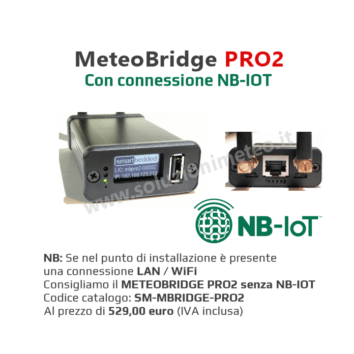 Sistema embedded Meteobridge PRO2 con connessione NBIOT  per l'invio dei dati senza PC acceso con ricevitore RF integrato