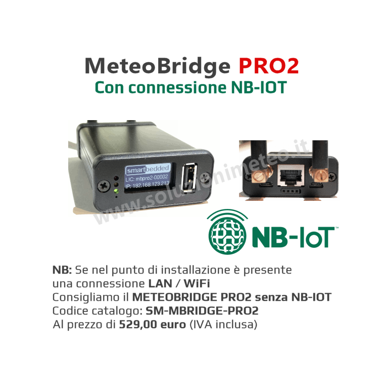 Sistema embedded Meteobridge PRO2 con connessione NBIOT  per l'invio dei dati senza PC acceso con ricevitore RF integrato